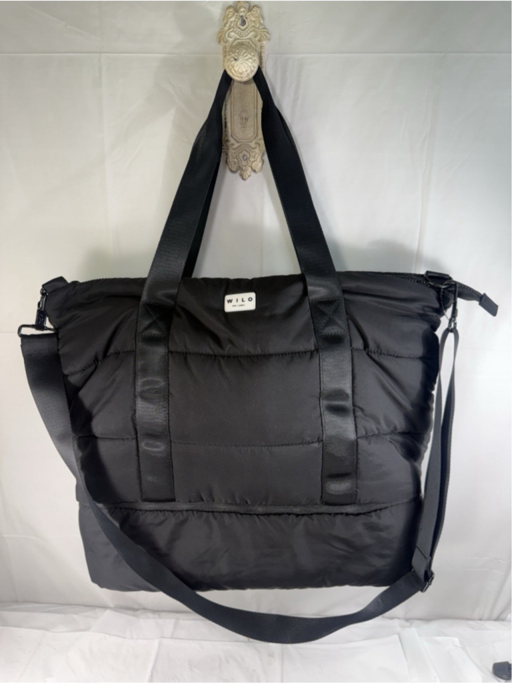 WILO The Label Black Puffer Gym Bag with Bottom Zippered Storage